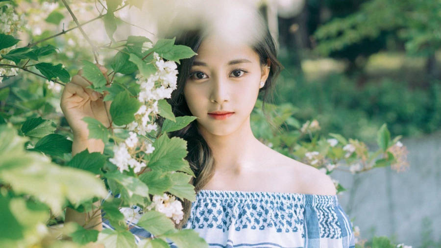 Twice Tzuyu Posing With Plants Wallpaper