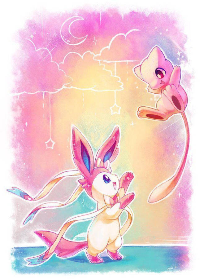 Two Adorable Pokemon: Sylveon & Mew Wallpaper