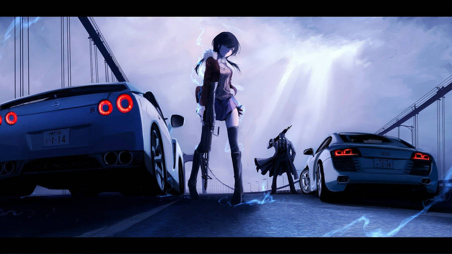 Two Anime Cars On A Bridge Wallpaper