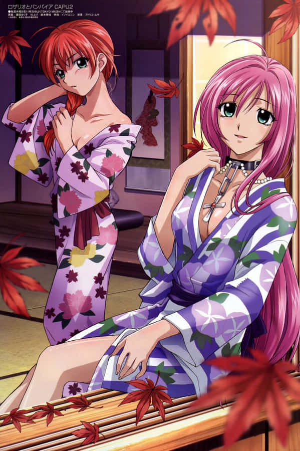 Two Anime Girls In Kimono Sitting In A Mirror Wallpaper