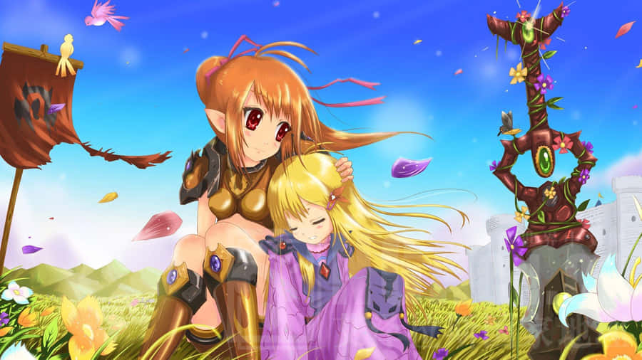 Two Anime Girls Sitting In The Grass Wallpaper