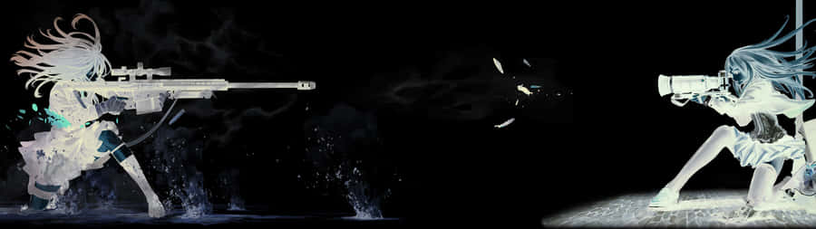 Two Girls Aim Weapons Dark Triple Monitor Wallpaper