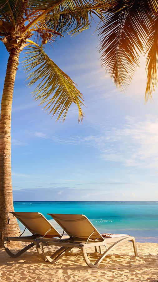 Two Lounge Chairs On A Beach Under A Palm Tree Wallpaper