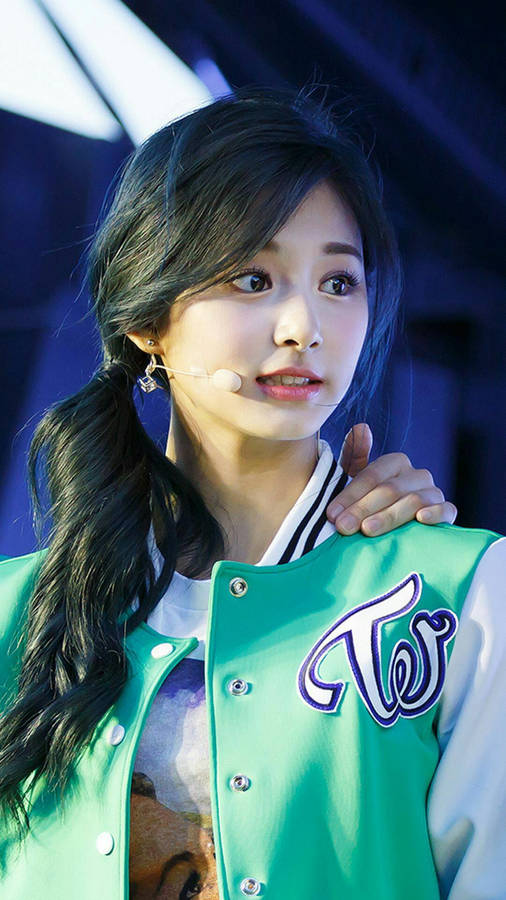 Tzuyu Wearing Twice Varsity Jacket Wallpaper