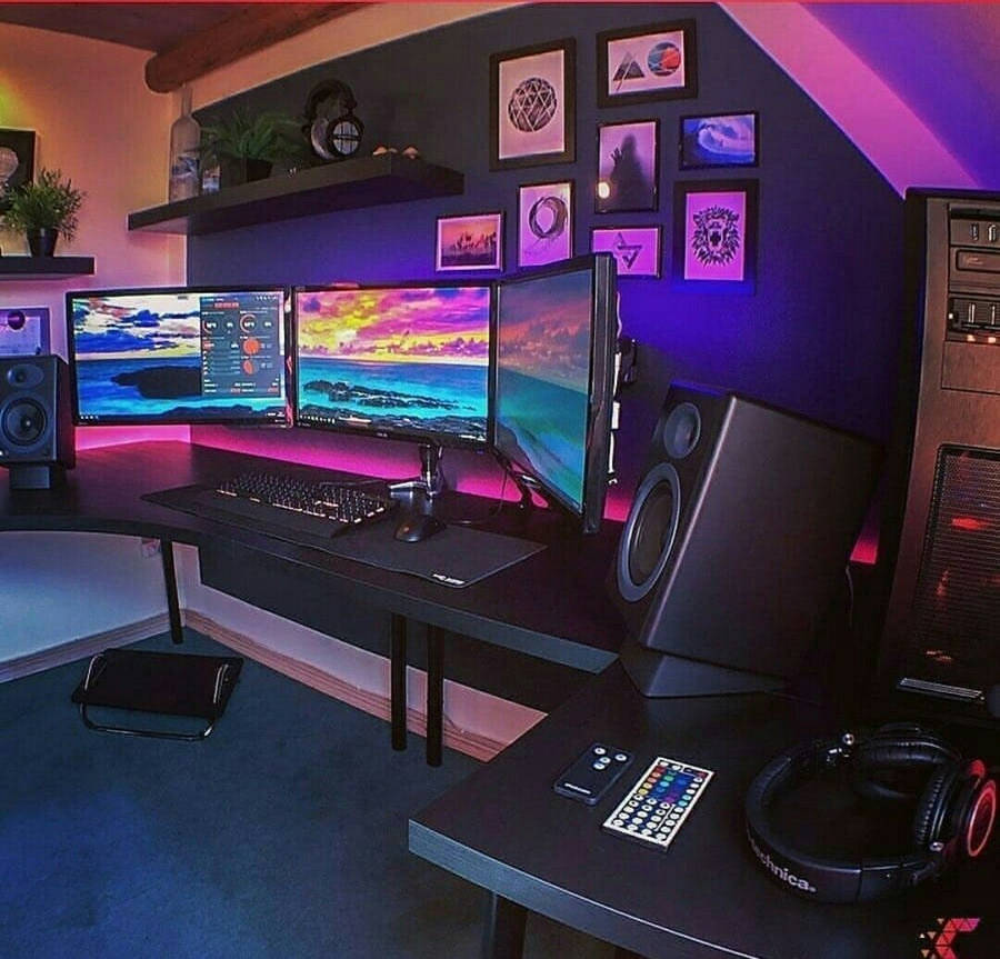 Ultimate Triple Monitor Gaming Setup Wallpaper