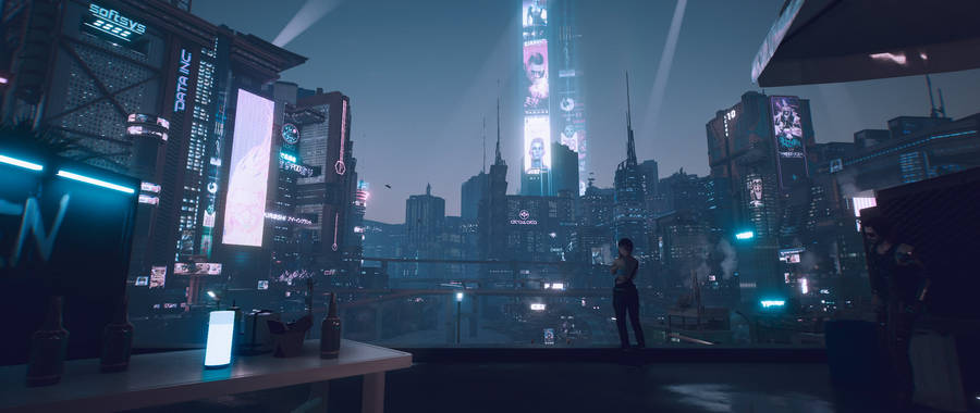 Ultrawide Cyberpunk Girl On Terrace Wallpaper