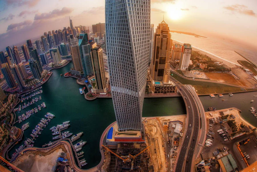 United Arab Emirates Cayan Tower Aerial Wallpaper