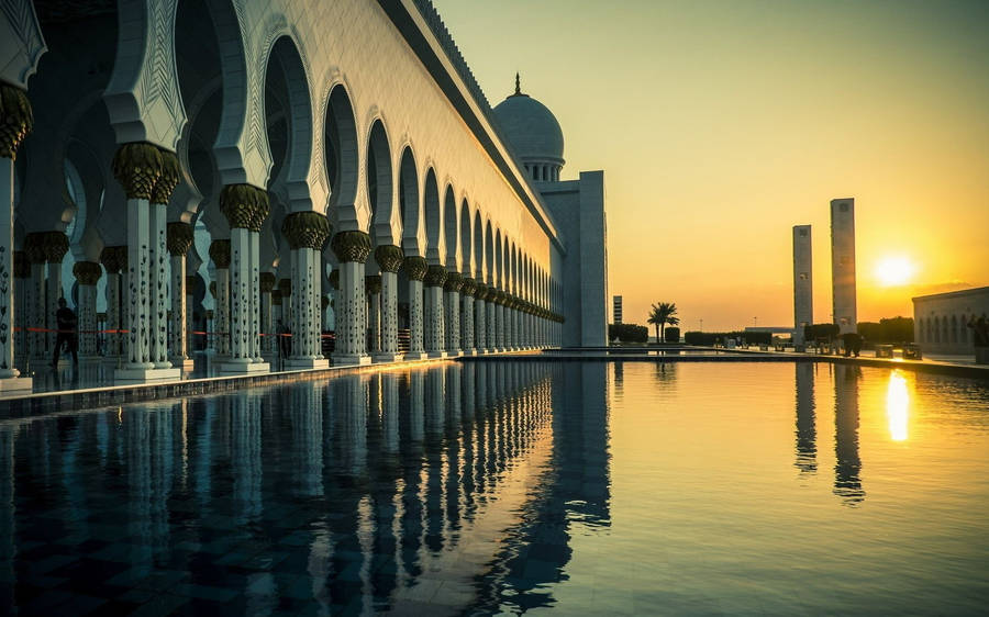 United Arab Emirates Grand Mosque Sunset Wallpaper