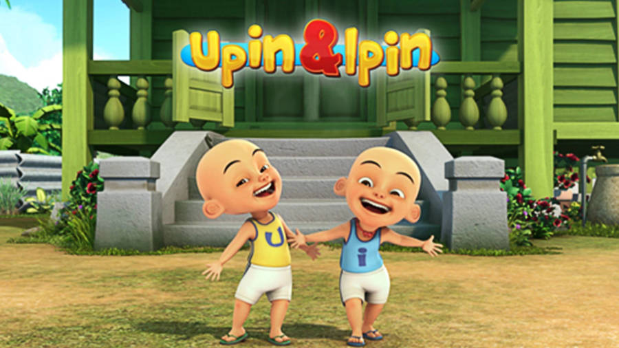 Upin And Ipin Cheerily Standing Outside Their Traditional Malaysian Home. Wallpaper