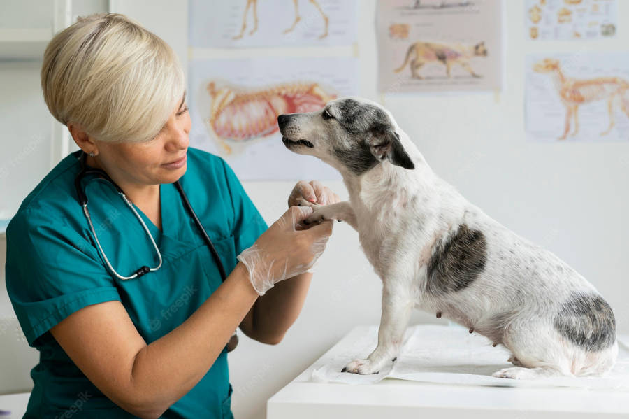 Veterinarian Checking Up On A Female Dog Wallpaper