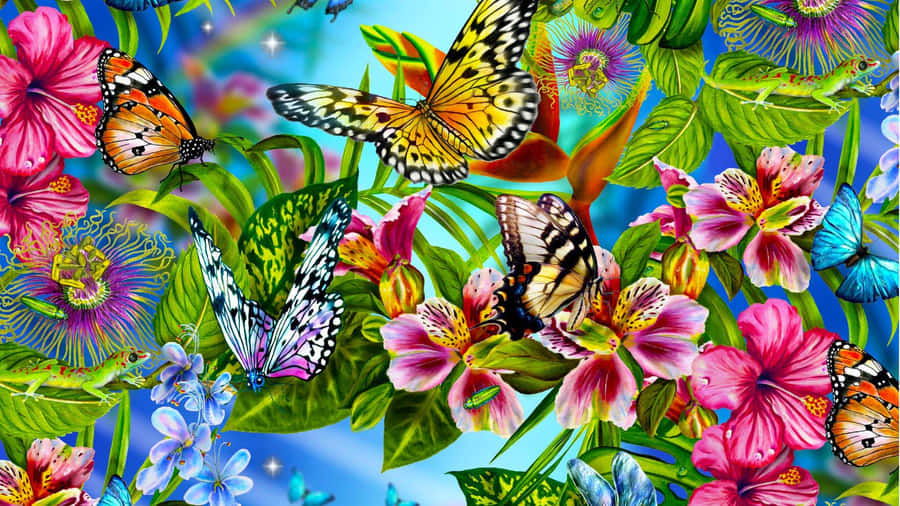 Vibrant Butterfly Garden Fantasy Wallpaper