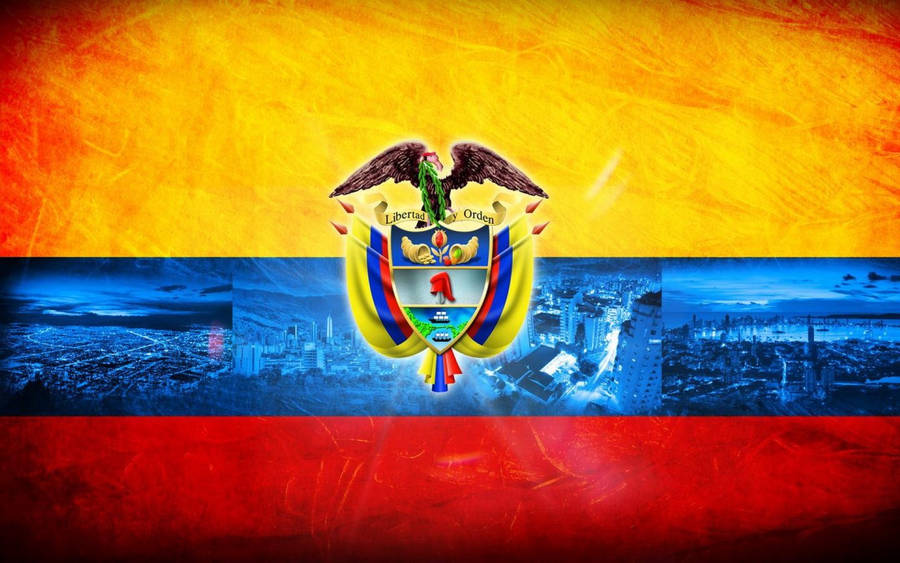 Vibrant Colombian Flag With Coat Of Arms Wallpaper