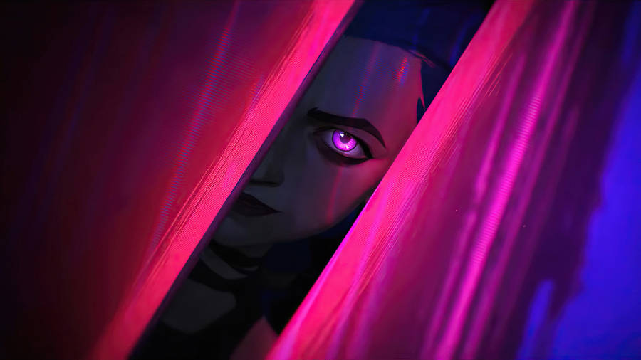 Vibrant Neon Pink Eyes Of Jinx On Desktop Wallpaper