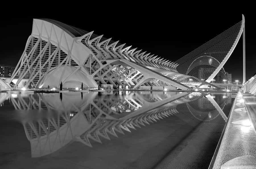 View Of A Modern City Skyline In Black And White Wallpaper