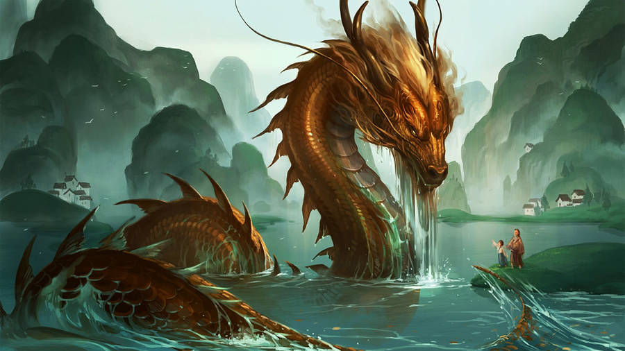 Village Lake Eastern Dragon Wallpaper