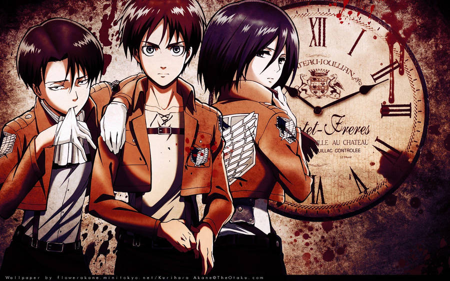 Vintage Levi Ackerman With Eren And Mikasa Wallpaper