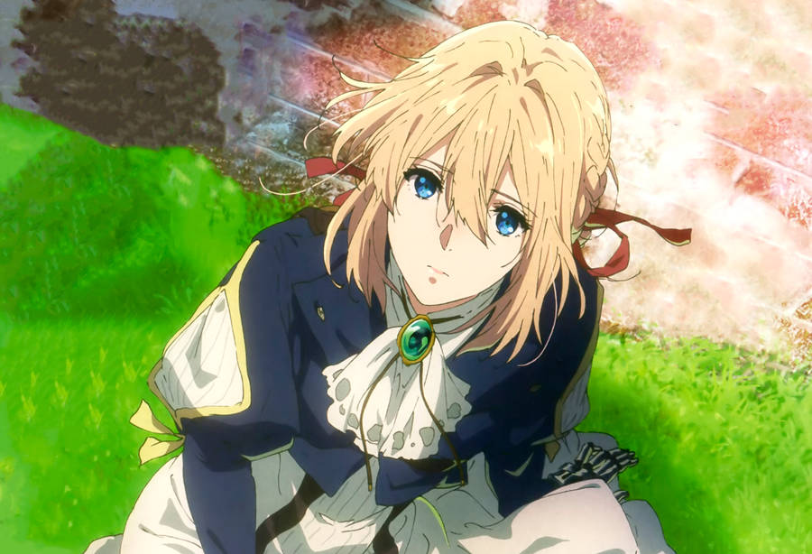 Violet Evergarden Sitting On Grass Wallpaper