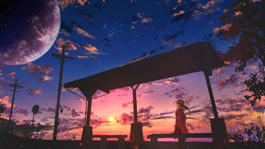 Waiting Shed Anime Aesthetic Sunset Wallpaper