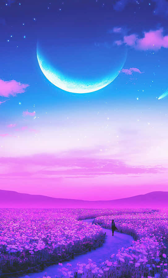 Walking Alone On A Lavender Field Art Wallpaper