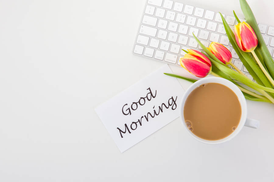 Wallpaper Good, Morning, Inscription, Phrase, Coffee, Tulips, Keyboard Wallpaper