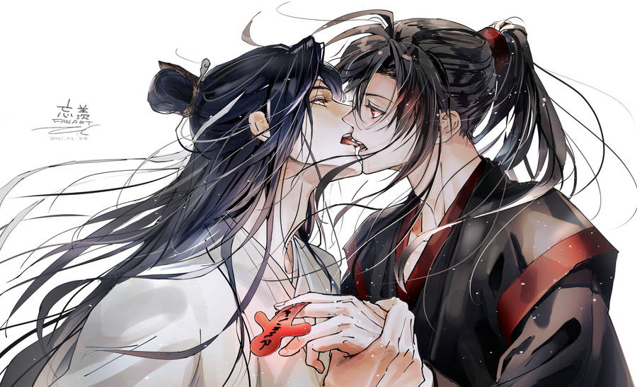 Wangxian Anime Couple Kiss Fan Art Wallpaper