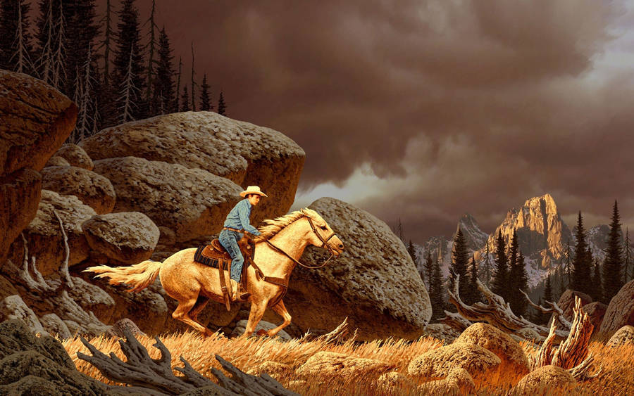 Western Cowboy In Rocky Field Wallpaper