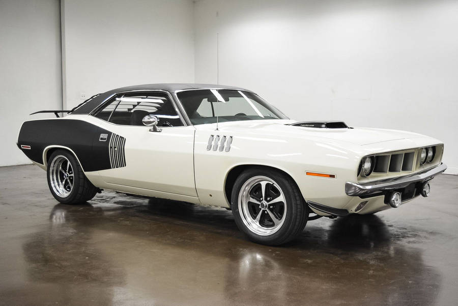 White 1970 Plymouth Barracuda Inside Garage Wallpaper