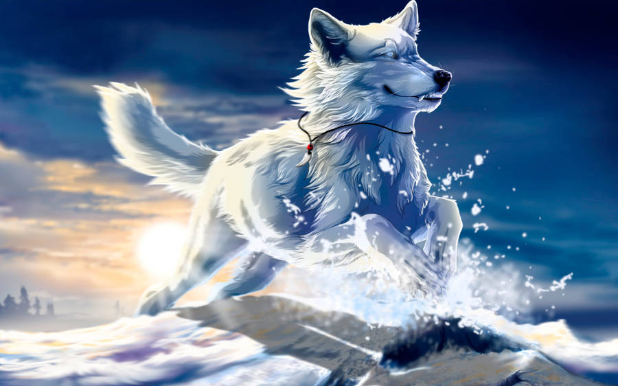 White Anime Dog In Snow Wallpaper