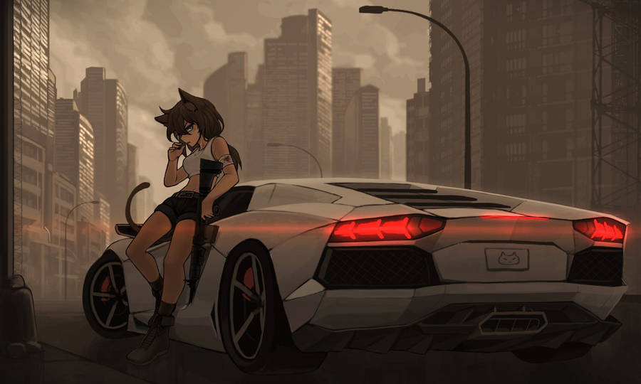 White Aventador Anime Car Wallpaper