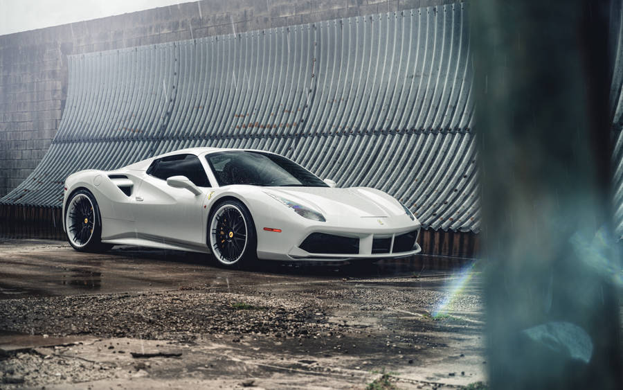 White Ferrari On Wet Road Wallpaper