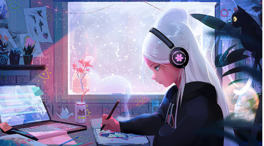 White Haired Girl 4k Lo Fi Wallpaper