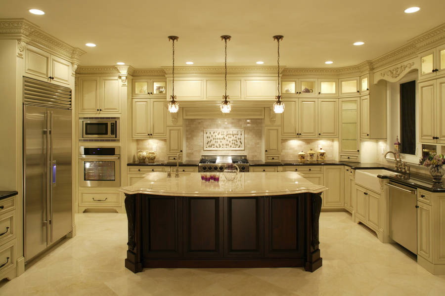 White Kitchen Design With Lights Wallpaper