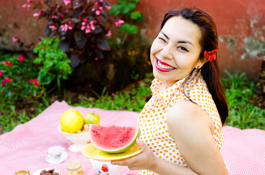 Winking Lady With Watermelon Wallpaper