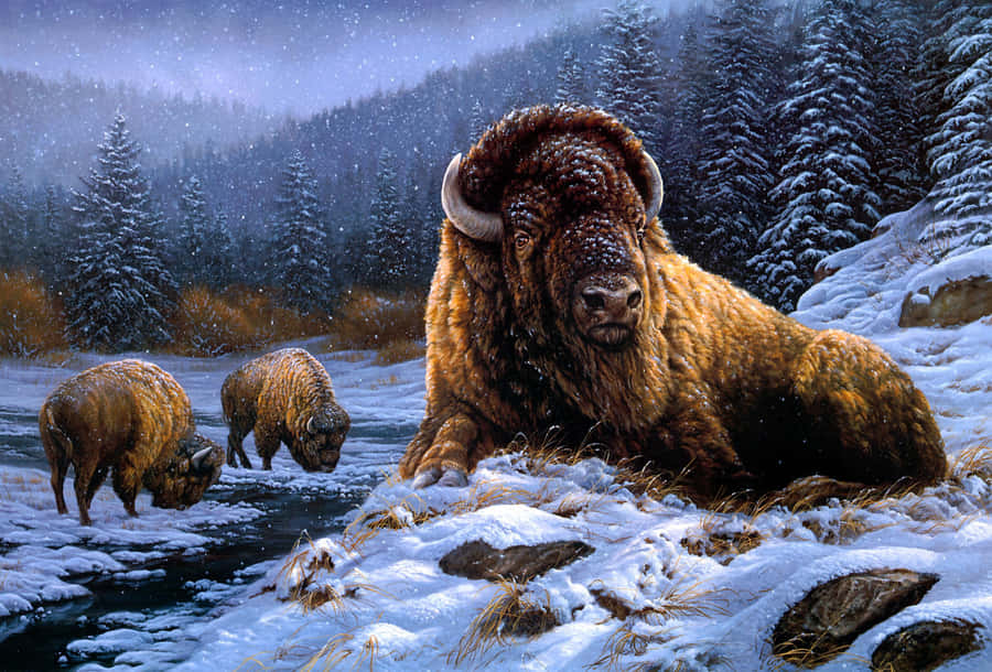 Winter_ Bison_ Herd_ Snowfall Wallpaper