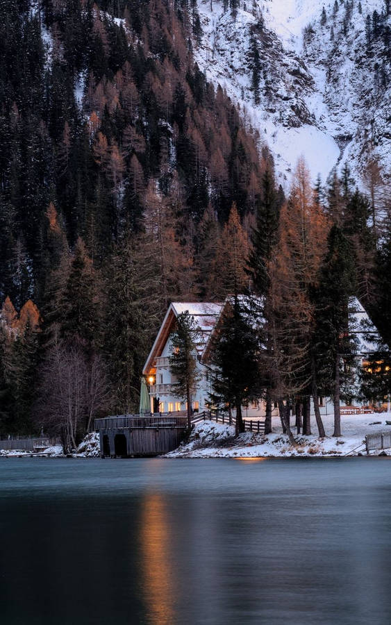 Winter House And A Calm Lake Wallpaper