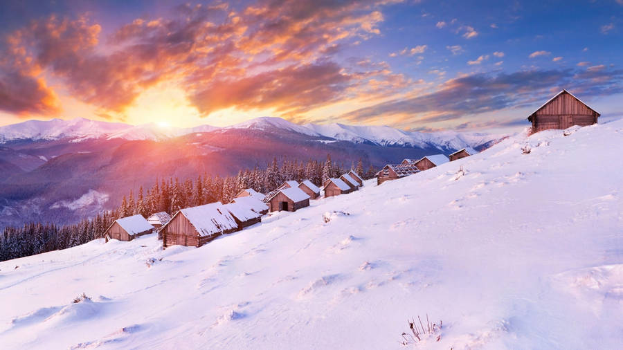 Winter Houses In Sunrise Wallpaper