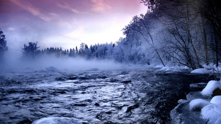 Winter Scene Mist River Wallpaper