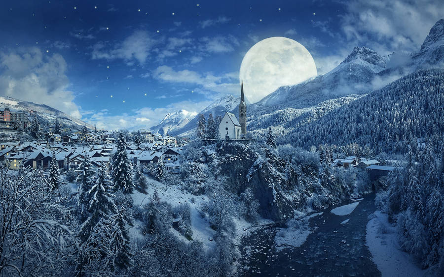 Winter Season Full Moon Wallpaper