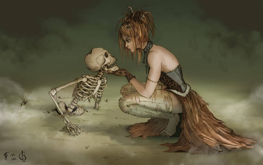 Woman And Skeleton Desktop Wallpaper