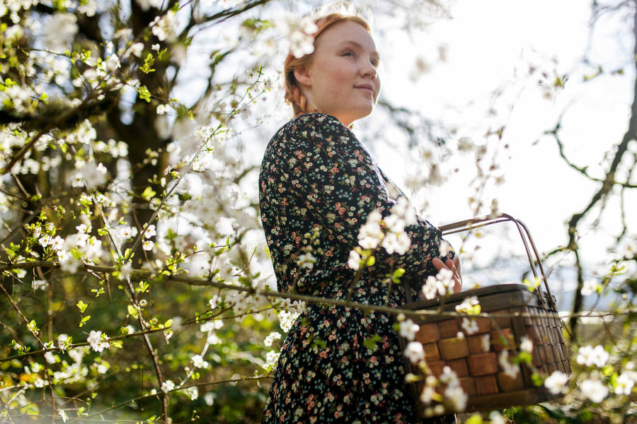 Woman In Flower Dress Cottagecore Desktop Wallpaper