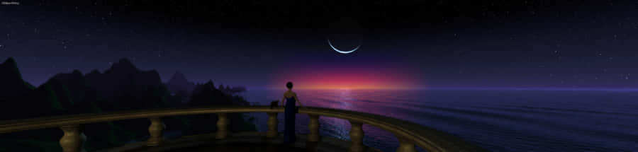 Woman On Balcony Dark Triple Monitor Wallpaper