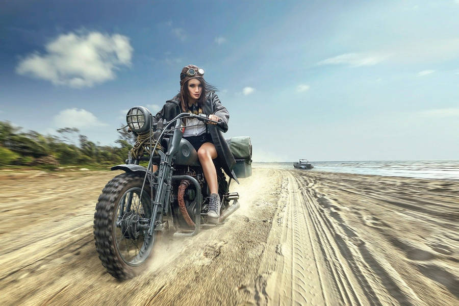Woman Riding Motorcycle At Beach Wallpaper