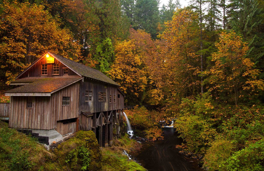 Wood House Beside The Stream Wallpaper