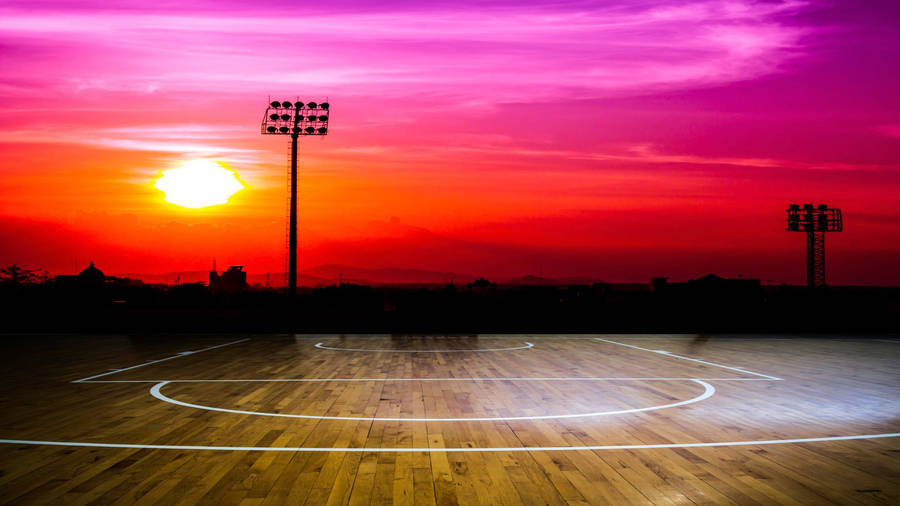 Wooden Basketball Court Sunset Wallpaper