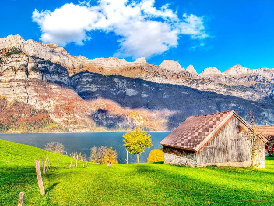 Wooden House Scenic Mountain Range Wallpaper