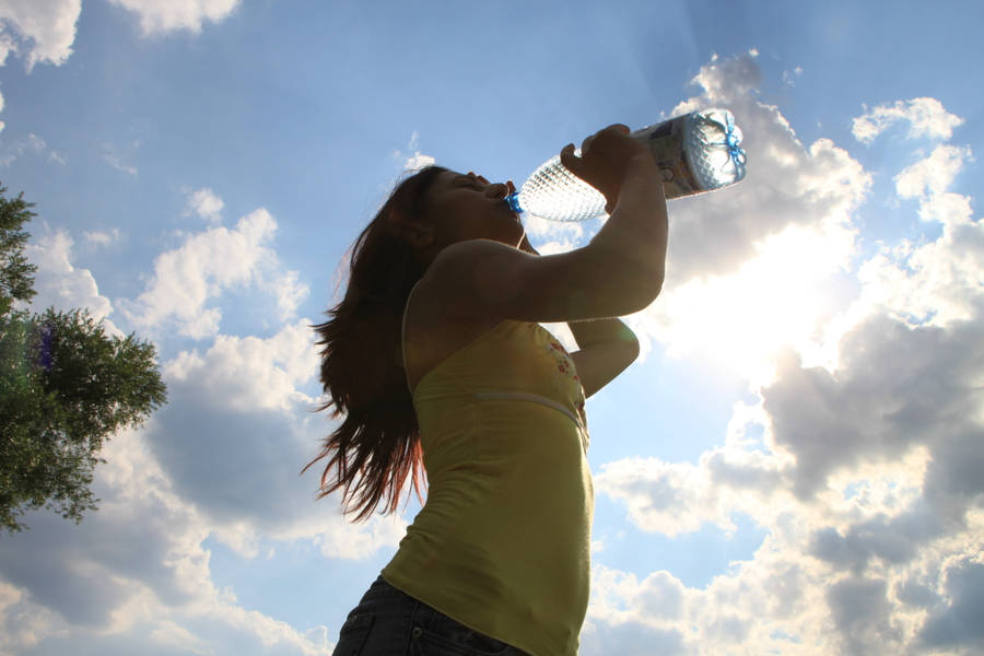 Worm's-eye View Woman Drinking Water Wallpaper