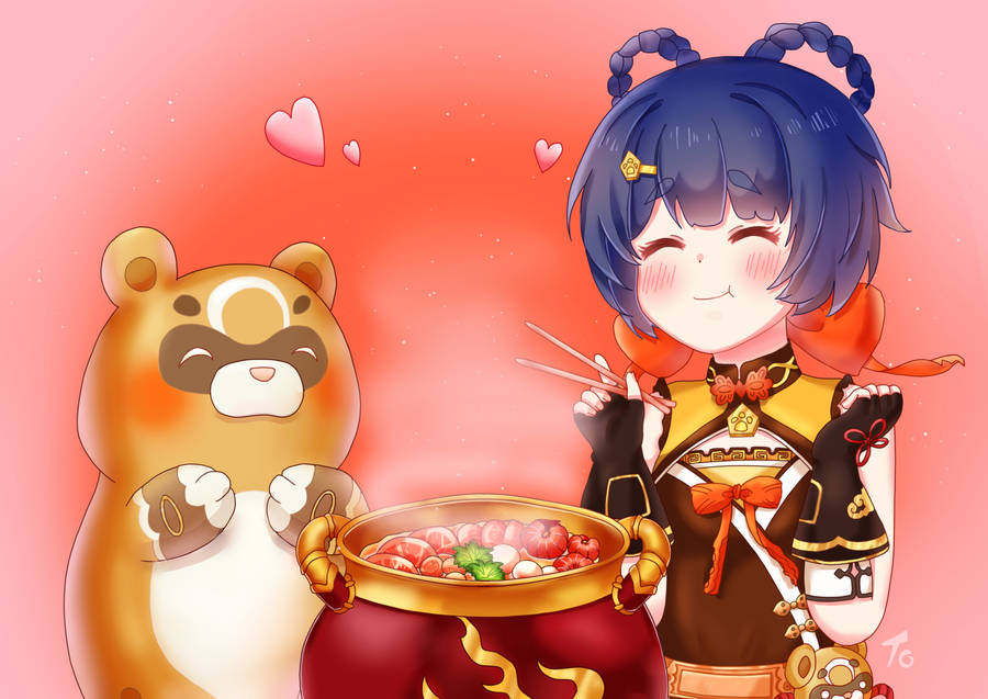 Xiangling And Her Bear Friend Wallpaper