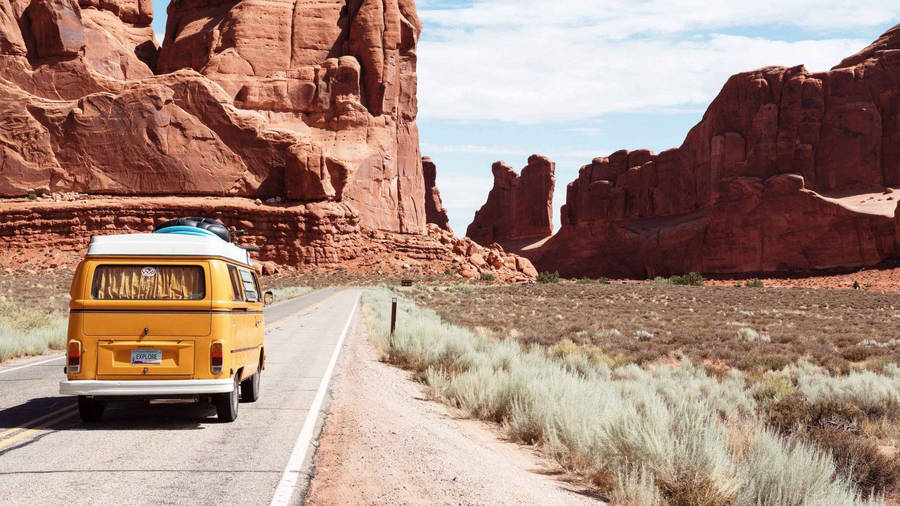 Yellow Camper Van 70s Retro Aesthetic Wallpaper