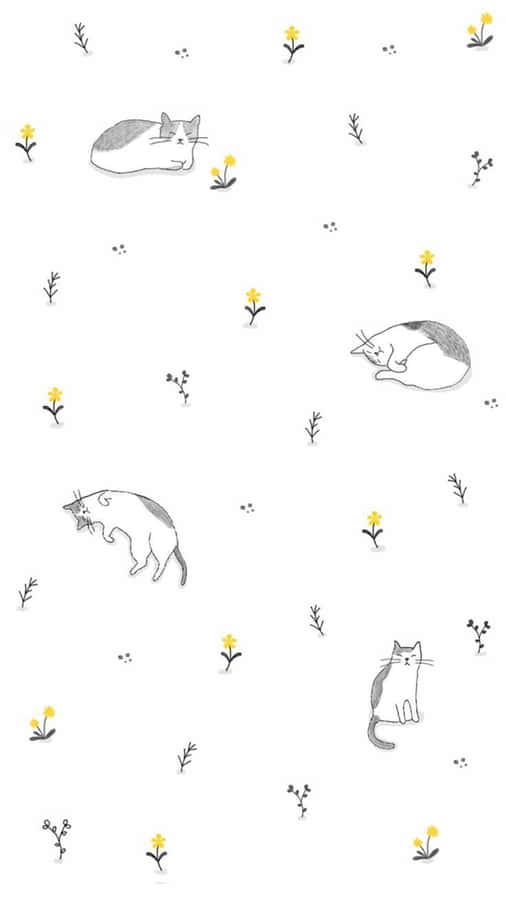 Yellow Flowers And Cute Cat Pattern Wallpaper