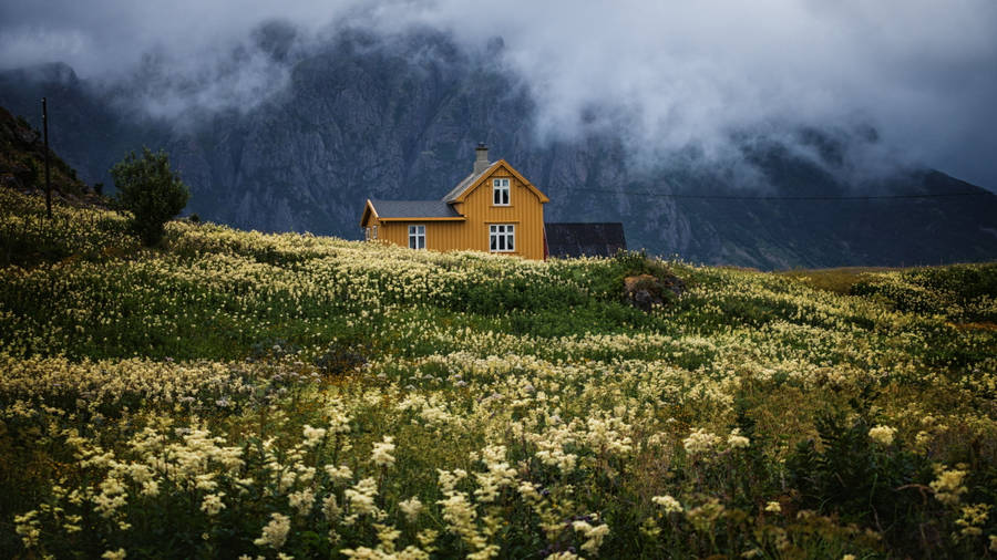 Yellow House Mountain Cottagecore Desktop Wallpaper